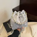 Silver-grey embroidery bucket bag with butterfly jacquard and pearl handle - Silver