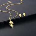 Golden Hamsa Hand jewelry set featuring a hollow-out pendant necklace and stud earrings - Hamsa Hand Style (TZ-272 Gold)