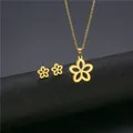 Elegant gold flower jewelry set with hollow petal necklace and matching stud earrings - Five-petal Flower Style (TZ-275 Gold)