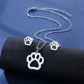 Stainless steel animal paw print jewelry set with necklace and stud earrings - Cat Paw Print Style (TZ-93)