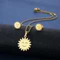 Minimalist gold stainless steel sun flower smiley face necklace and earrings jewelry set - Sunflower Smiley Style (TZ-155 Gold)