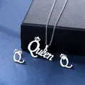 Silver Queen crown necklace and earrings set with polished finish on jewelry box - Queen Crown Style (TZ-135)
