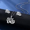 Silver stainless steel jewelry set featuring Best Mom hollow pendant and matching earrings - Cursive Best Mom Style (TZ-171(Y))