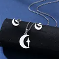 Polished stainless steel moon and star pendant necklace with matching stud earrings - Moon and Star Style (TZ-199)