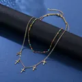 Doppelreihige goldene Halskette mit bunten Perlen und fünf kleinen Kreuzanhängern - Gold Mit Bunten Perlen (dy20 Kreuz)