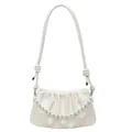White pleated ruched shoulder bag with glossy finish and decorative pearl chain strap - White