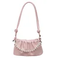 Pink pleated underarm bag with decorative pearl chain and knot shoulder strap - Pink