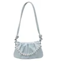 Light blue ruched cloud shoulder bag with pearlescent finish and white pearl chain strap - Blue