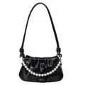 Elegant black ruched shoulder bag in glossy patent leather with pearl chain accent - Black