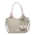 Bolso saco de paja con ribete de cuero rosa y colgante de perlas y flores - Rosa con colgante