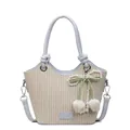 Bolso cubo de paja trenzada azul y beige con dijes de perlas y tulipanes de cuero - Azul con colgante