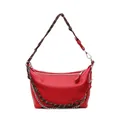 Bright red litchi texture shoulder bag with woven strap and silver metal chain - Burgundy