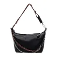 Minimalist black hobo bag with brown woven handle and silver chain strap - Black