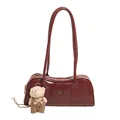 Sac à bandoulière Boston bordeaux chic avec un charm d'ours mignon et logo doré élégant - Rouge (Sans Charme)
