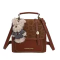 Sac à dos vintage marron avec rabat imprimé léopard et joli pendentif chien peluche - Marron avec Pendentif