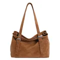 Chic tan brown faux leather bowling bag with silver buckles and large capacity straps - Brown