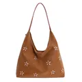 Sac Hobo en cuir marron avec broderie florale blanche et grande capacité - Brun Sans Pendentif