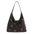 Sac hobo rétro marron foncé avec broderies florales blanches et texture grainée - Ébène sans Pendentif