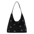 Sac fourre-tout vintage noir avec broderie d'étoiles et large bandoulière souple - Noir sans Pendentif