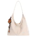 Sac hobo blanc crème avec broderies florales bleues et pendentif en cuir - Blanc Avec Pendentif