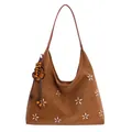 Cabas vintage en cuir marron avec broderie florale blanche et charm en perles - Marron avec Pendentif
