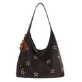 Sac fourre-tout marron foncé avec broderie florale blanche et pompon perlé - Ébène Avec Pendentif