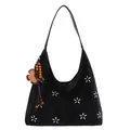 Sac hobo noir rétro avec broderie florale et pendentif papillon en perles de bois - Noir Avec Pendentif