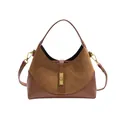 Brown matte leather hobo bag with gold metal clasp and detachable crossbody strap - Brown Patchwork
