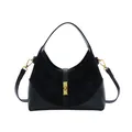 Minimalist black hobo handbag in matte suede and smooth leather with gold clasp - Black Patchwork