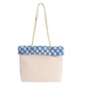 Sac fourre-tout beige en similicuir avec franges en denim et bandoulière dorée - Blanc Sans Pendentif