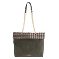 Sac cabas vintage en cuir vert mousse avec garniture à carreaux gris et chaîne dorée - Vert Sans Pendentif