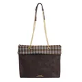 Sac fourre-tout en cuir marron avec bordure en tissu à carreaux et bandoulière chaîne - Café sans pendentif