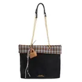 Retro-Plaid-Einkaufstasche aus schwarzem Leder und grau-orangefarbenem Karostoff mit Kette - Schwarz Mit Anhänger