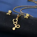 Elegant gold stainless steel stethoscope pendant necklace and stud earring jewelry set. - Gold
