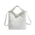 Bolso tote minimalista blanco crema de cuero sintético con bolsillos frontales y correa larga - Blanco