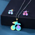 Iridescent cherry necklace and earrings jewelry set in colorful polished titanium steel - Multicolor