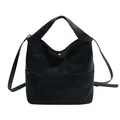 Bolso tote retro de cuero negro mate con asa ancha y correa de hombro ajustable - Negro