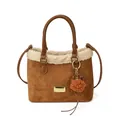 Borsa a secchiello in camoscio marrone con bordo in pile bianco e ciondolo in peluche - Marrone con Ciondolo