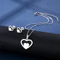 Set gioielli in acciaio inossidabile argento con collana a cuore e orecchini a perno - Stile Doppio Cuore (TZ-75)