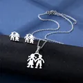 Silver stainless steel necklace and studs set featuring boy and girl heart design - Hand Holding Couple Style (TZ-78)