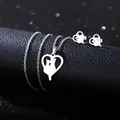 Polished stainless steel heart and cat necklace and earrings jewelry set for couples - Hollow Heart Cat Silhouette Style (TZ-427)