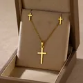 Golden stainless steel cross pendant necklace and stud earrings jewelry set in a box - Golden Cross Style (TZ-434)