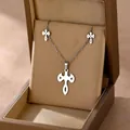 Polished silver stainless steel cross pendant necklace and matching stud earrings set - Fleur de Lis Cross Style (TZ-476)