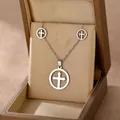 Polished silver stainless steel cross pendant necklace and stud earrings set in a gift box - Ring Cross Style (TZ-479)