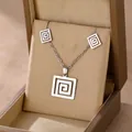 Polished stainless steel geometric spiral necklace and earring set in a gift box - Labyrinth Geometric Style (TZ-482)