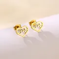 Polished gold stainless steel heart studs with heartbeat line design on beige background - Heart with Built-in EKG (SD36)