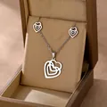Polished stainless steel interlocking heart necklace and stud earrings jewelry set - Triple Nested Heart Style (TZ-475)