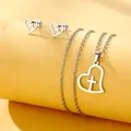 Polished stainless steel heart and cross necklace and stud earrings jewelry set - Heart Cross Nested Style (TZ-490)
