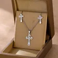 Minimalist stainless steel cross necklace and stud earrings set in a premium jewelry box - Hollow Cross Style (TZ-484)