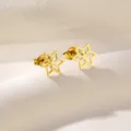 Polished gold stainless steel star stud earrings on white podium display - Hollow Hexagram (SD11)